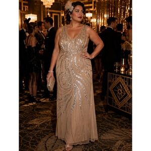 Midnight Velvet Beaded Art Deco Formal Gown Size 1X Champagne Nude Sequin Dress